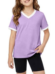 lot 20054 image: Poroka Girls Short Sleeve Shirt V-Neck Tee with Ribbed Trim Plain T-Shirts Soft Fashion Summer Tops for Girls, 7-14 Years Light Purple (7-8 Years Small)