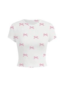 lot 20072 image: RoseSeek Girlfts Graphic Tee Crew Neck Letter Bow Print Crop Tops Casual Cute Short Sleeve T Shirt White Bow Size 14 Years