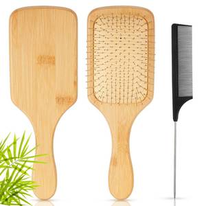 lot 20074 image: Tessco for you 2 Pcs Bamboo Hair Brush with Steel Bristles and Detangle Rat Tail Comb Set, No Static Wooden Paddle Hairbrush Engraving DIY Gift for Women Homeless Scalp Massage(Oval)