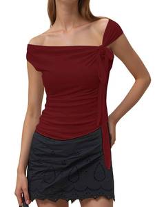 lot 20078 image: FIGKICKSEN One Off The Shoulder Tops for Women Going Out Summer Bow Knot Asymmetrical Tie Ruched Trendy Y2k Slim Fit Tops Red XL