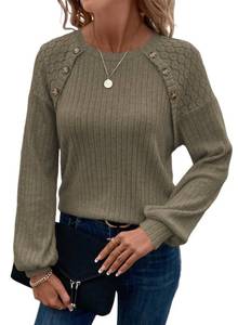 lot 20093 image: Acelitt Fall Winter Ribbed Knit Shirts for Women 2025 Trendy Casual Long Sleeve Lace Patchwork Tunic Tops Decorative Buttons Pullover Sweaters Green M (2 Pack)
