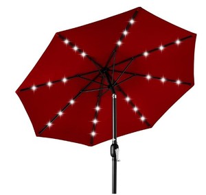 lot 5372 image: Backyard Expressions 9 FT Steel Tilt Patio Umbrella with 8 Solar Light Ribs Red