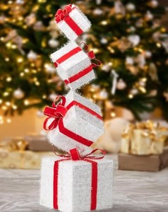 lot 13625 image: 3FT Lighted Gift Box Tower, Pre-lit Stacked Present Boxes Ornament with 80 LED Warm White Lights and Stakes for Christmas Indoor & Outdoor Decorations