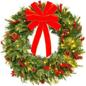 lot 3404 image: Best Choice Products 24in Pre-Lit Battery Powered Christmas Wreath Decoration w 70 Lights  96 PVC Tips  Ribbons