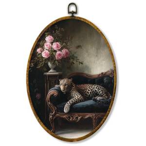 lot 4105 image: XPH Vintage Leopard Oval Wall Art Framed, Dark Academia Leopard Oval Wall Decor, Classic Maximalist Moody Cheetah Floral Hanging Canvas Prints for Home Bedroom Living Room Decoration, 8.6x11.4 Inch