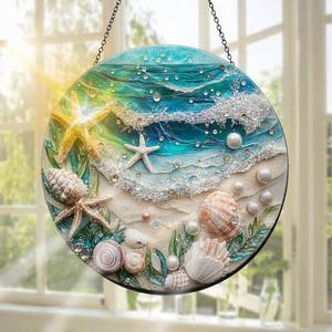 lot 4108 image: Pavemlo Seashell Suncatcher Indoor Stained Glass Window Hanging - Outdoor Window Hanging Decoration - Sun Catcher Home Decor Mothers Day Birthday Gifts for Women, Men Mom 7.8 in