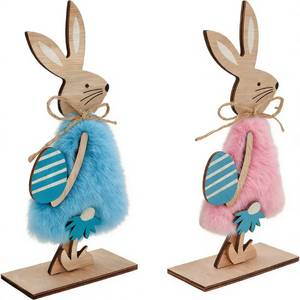 lot 4115 image: XSCSFWEQR 2 Pack Easter Bunny Figurines Wooden Table Decorations Blue and Pink Bunny Decorations with Egg Accents Spring Holiday Decor for Fun Home Indoor Tabletop Mantel Easter Party Decoration
