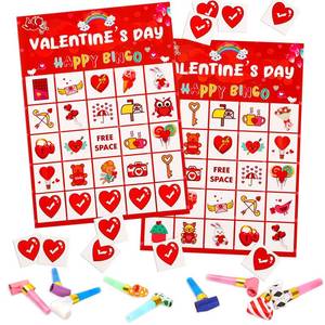 lot 4116 image: Valentine��s Day Bingo Game for Kids, Bingo Cards with 32 Players & 10 Pcs Party Blowers for Valentine Party Games, Valentine Crafts School Classroom Party Favor Activities,Holiday Party Craft Supplies