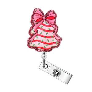 lot 4126 image: Pink Christmas Tree Badge Reel Valentines Day Badge Reels Retractable Christmas Tree Badge Clip with 360 Rotating Alligator Clip Pink Glitter Badge Holder Cute ID Card Holder for Nurse Doctor Teacher