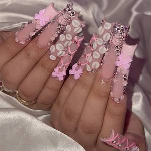 lot 4134 image: BABALAL Silver Press On Nails, Long Stiletto Fake Nails with Cat Eye Finish, Nude Pink Acrylic Stick On Nails for Women 30Pcs