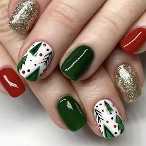lot 4140 image: Christmas Press on Nails Short Square Fake Nails with Christmas Tree Designs Gold Green Red Artificial Acrylic Cute Press Ons Glue on Nails Holiday Stick on Nails for Women Girls 24Pcs