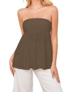 lot 6065 image: HOCANDY Womens Ruffle Peplum Tube Top Smocked Backless Long Tube Tops Casual Sleeveless Strapless Flowy Tank Top Light Brown, Small