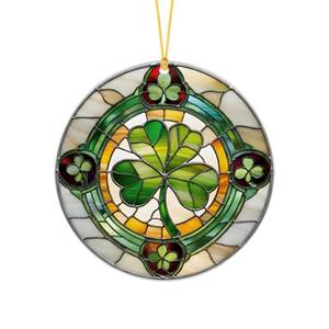 lot 10441 image: St. Patrick��s Day Acrylic Clover Suncatcher �� Round Green Window Hanging Ornament, Lucky Four Leaf Decor for Tree, Door