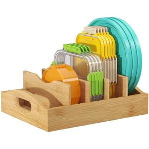 lot 10448 image: Lifewit Bamboo Lid Organizers for Inside Cabinet, Food Storage Container Lid Holder with 4 adjustable Inserts & 5 Sections, Kitchen Pantry organizer and storage, 10.6 X 8.3