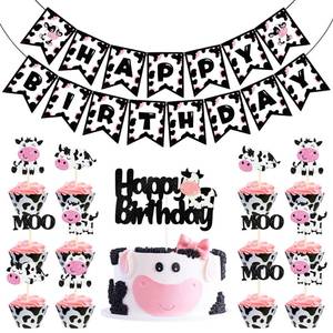 lot 10468 image: 14Pcs Cow Theme Birthday Party Decorations - Glitter Farm Animal Cupcake Topper with Happy Birthday Banner for Kids Birthdays & Baby Showers Cake Decorations