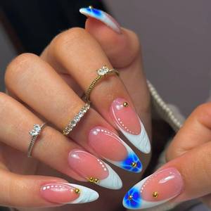 lot 12016 image: White French Tip Press on Nails Short Almond Fake Nails with Designs 3D Gold False Nails Nude Glossy Full Cover Acrylic Nails Artificial Stick on Nails Cute Glue on Nails for Women Manicure 24Pcs