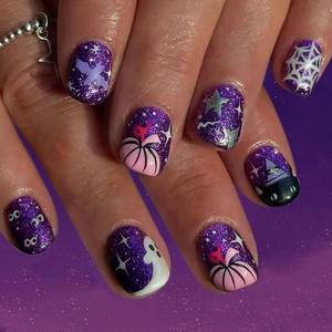lot 12020 image: 24Pcs Short Square Press on Nails Halloween Fake Nails with Spider Web Cat Bat Eyes Pumpkin Designs Full Cover Purple Glitter Glue on Nail Cute Ghost False Nails for Women Acrylic Nail Art Supplies