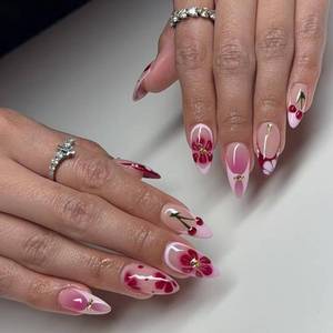 lot 12042 image: 24 Pcs Pink Press on Nails Short Almond Nail Tips,YEFIUO Summer Fake Nails Press ons Glue on Nails Acrylic Nail Art Kit Full Cover Reusable False Nails 3D Shell Starfish Rhinestones Design for Maam