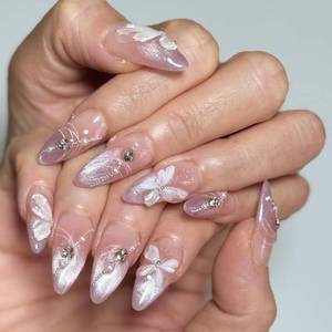 lot 12097 image: TANYOOTO Almond Shape Medium Length Cat-Eyes Press-On Nails, 24pcs Multicolor Rhinestone 3D Gradient False Nails, Full Cover Acrylic Artificial Glue Stick On Nails for Women