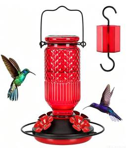 lot 14282 image: FEED GARDEN Glass Hummingbird Feeder for Outdoors Hanging, 16 oz Leak-Proof Nectar Feeder with Bee Guards & Ant Moat, 4 Metal Flower Feeding Ports, 360° Perch Ring, Easy Refill & Clean, Red