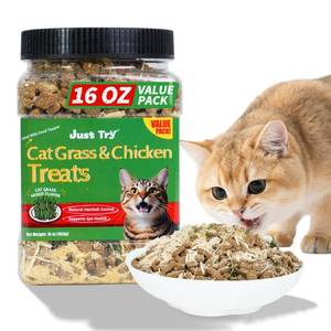 lot 14312 image: Just Try 16 OZ Cat Grass Jerky Treats for Indoor Cats Natural Chicken Healthy Cat Snacks Training Biscuits Hairball Control & Digestive Aid for Cats