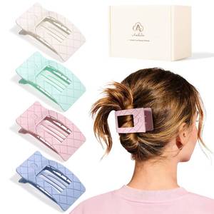 lot 14357 image: Amlaidu Medium Flat Hair Claw Clips for Women Thin Thick Hair, Stylish Strong Hold Non Slip Square Hair Clips, Cozy French Lay Down Hairclips, White, Purple, Green, Pink, Glossy Macaron, 4 Pcs