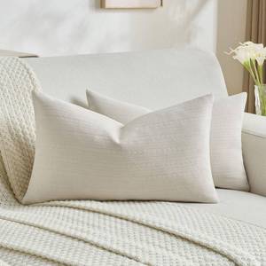 lot 14386 image: FUTEI Pack of 2 Solid Chenille Throw Pillow Covers 12x20 Inch Soft Cozy Wheat Ear Striped Textured Decorative Lumbar Pillowcases Modern Farmhouse Accent for Couch Bed Living Room, Beige