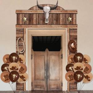 lot 14410 image: Western Cowboy Party Decorations - 3PC Western Themed Party Decorations Cowboy Door Banner Backdrop & 18 Cowboy Balloons, Rustic Porch Sign for Photo Booth Props Background
