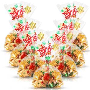 lot 14415 image: Resholder 100 Counts 28 x 13 cm Xmas Flat Clear Cellophane Treat Bags Block Bottom Storage Bags with 100 Pieces Twist Ties For Christmas Party Favor(Red Green Gold,Snowflake)