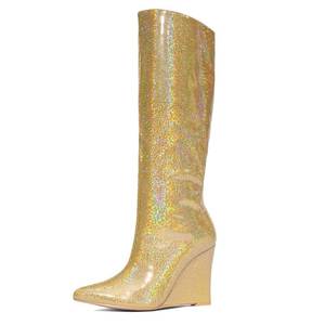 lot 19275 image: NEWBELLA Womens Glitter Knee High Boots - Sparkly Sequined Wedge Heel Boots with Pointed Toe for Party & Evening Size 8.5