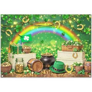 lot 20136 image: ZTHMOE Fabric 7x5ft St. Patricks Day Photography Backdrop Rainbow Lucky Irish Shamrock Pot of Gold Coins Hat Glitter Background Festival Party Decorations Photo Props