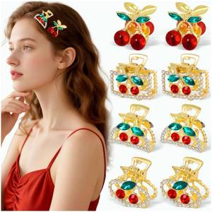 lot 20147 image: 8Pcs Mini Cherry Hair Clip Gold Hair Claw Clips for Women Girls Rhinestone Small Hair Clips for Thin Thick Curly Hairs Cute Hair Barrettes for Half Up Style Strong Hold Hair Accessories Cherry Gifts