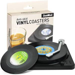 lot 20211 image: Funny Retro Record Coasters for Drinks with Vinyl Player Holder - Set of 6 Coaster White Elephant Gifts for Music Lovers, Conversation Piece Sayings,Housewarming Hostess Wedding Registry Gift Ideas