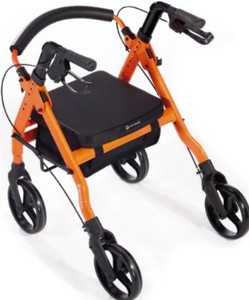 lot 5422 image: Orange and Black Four-Wheel Rollator Walker with Seat and Brakes