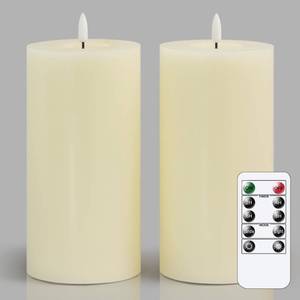 lot 1901 image: Zevanor Flameless Flickering 4in x8in Real Wax Ivory Remote Candles with Candle Grease, Pack of 2 Timer LED Battery Operated Fake Warm Light Pillar Candles for Home, Banquet, Ceremony Decoration
