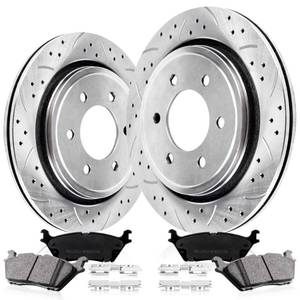 lot 3438 image: UNITHUB Rear Drilled and Slotted Brake Pads and Rotors Kit Ceramic Automotive Replacement Brake Kits Vented 13.23 Inch Compatible for F150 2.7L 3.5L 5.0L 2015-2017 wElectronic Parking Brake (10 Pcs)