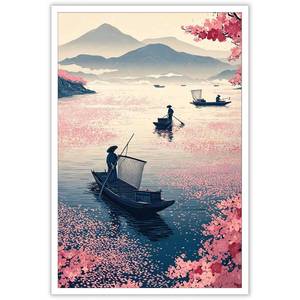 lot 4218 image: Vintage Japanese Poster Zen Fishing Canvas Wall Art Calm Waterscape Pink Blossoms Lake Surface Artwork Prints Painting For Living Room Bedroom Apartment Wall Decor 12x16in Unframed
