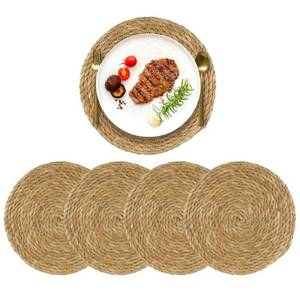 lot 4226 image: 13.8 in Round Woven Placemats Plate Chargers Set of 4, Boho Farmhouse Rustic Woven Place Mats for Home Dining Table Decor, Rattan Wicker Table Mats Chargers for Dinner Plates