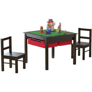 lot 5453 image: UTEX 2-in-1 Kids Multi Activity Table and 2 Chairs Set with Storage Childrens Construction Play Table and Chairs Sets Espresso with Red Drawers Some parts damage broken and scratched as is