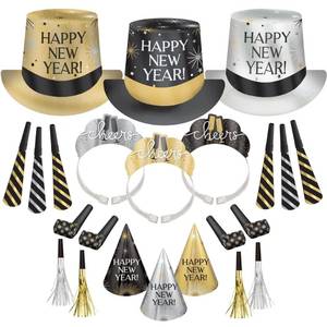 lot 11540 image: Amscan Party City New Year�s Eve Wearables and Noisemakers for 100 Guests, Party Supplies, Black, Gold and Silver, 200 Piece