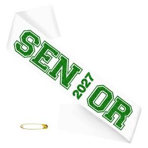 lot 12181 image: TxscOxwP1 White Senior 2027 Sash with Green Glitter Printing Letters