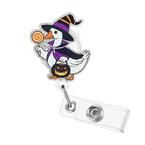 lot 12265 image: Halloween Cute Goose Badge Reel Nurse Doctor Name Tag Decor with Retractable Acrylic Alligator Clip Halloween Pumpkin Badge Holder for RN LPN CNA Medical Worker and Teacher Student
