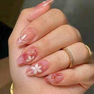 lot 12275 image: Flower Press on Nails Almond Medium Fake Nails with White Flowers Designs Artificial Acrylics Gradient Nail Press on Spring Gel Fingernail Summer Floral Stick on Nails for Women 24pcs