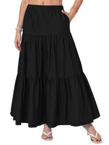 lot 12289 image: Yulaviniee Womenfts Boho Maxi Skirt with Pockets High Waisted Layered Tiered Casual A-Line Long Flowy Skirts Black (Size L)