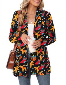lot 12292 image: Micoson Christmas Print Long Sleeve Cardigan for Women Lightweight Open Front Ugly Xmas Jackets with Pockets L