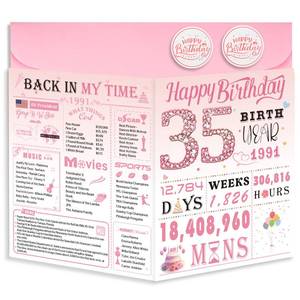 lot 12294 image: OLOSONG 35th Birthday Card for Women, 35th Birthday Decoration, Sweet Funny 35 Year Old Birthday Gifts Idea, Greeting Cards for Wife Mother Aunt Daughter Friend Sister Mon Her, Jumbo Back In 1991 Pink