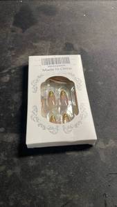 lot 12306 image: 24Pcs Gold Stripe French Tip Press on Nails Starburst Almond Fake Nails Nude Pink Medium Length Reusable Nails Full Cover Glue on Nail Rhinestone Cute Acrylic False Nail for Women