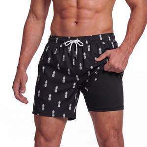 lot 14461 image: BRISIRA Mens Swim Trunks 5 Inch Compression Liner Beach Swim Shorts Bathing Suit Quick Dry 4-Way Stretch Pockets Black Pineapple