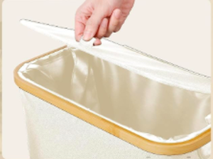 lot 5458 image: Laundry Hamper with Lid Fabric Liner and Mesh Bag Wood Frame Cream