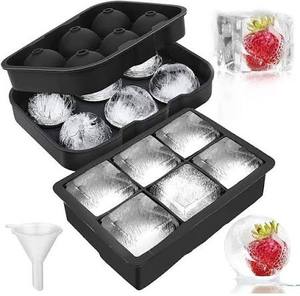 lot 12139 image: LessMo Ice Cube Trays Ice Ball Maker with Lids 2 Pack, Silicone Sphere Round Ice Mold and Large Square Ice Cube Molds Reusable and BPA Free for Freezer, Whiskey, Chilled Drinks, Black